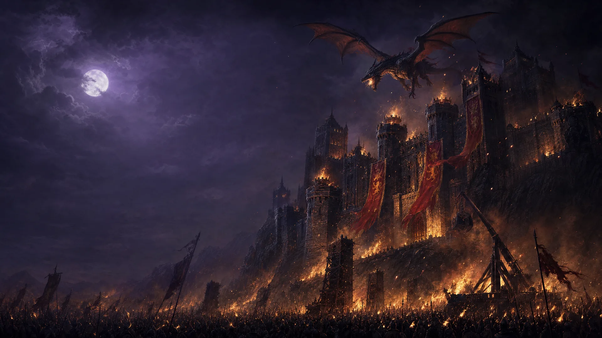 A great castle under night siege, a dragon wheeling over burning braziers