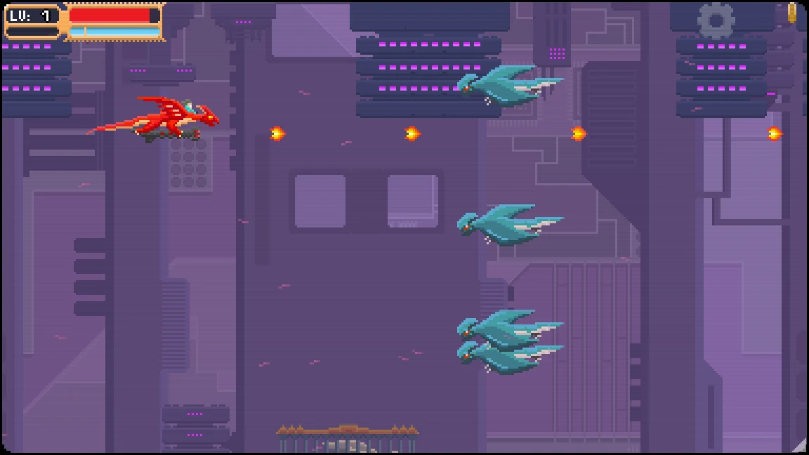 A red dragon and rider firing into a squadron of blue dragons